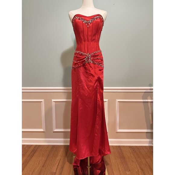 Women 6 Long Red Satin Beaded Formal Dress Evening Gown Strapless Glam Prom Gala - Picture 11 of 14